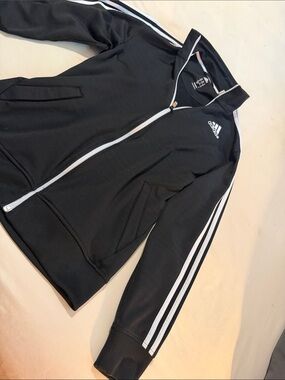 Adidas Black Track Jacket with White Stripes - Women’s Medium